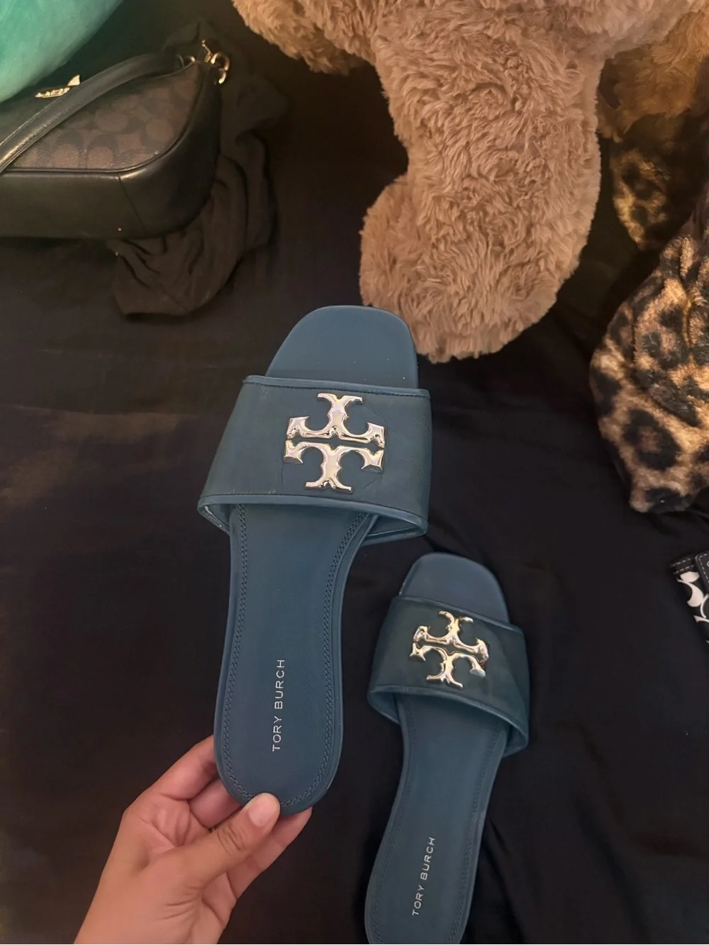 Tory Burch Teal Slide Sandals with Gold Logo Hardware
